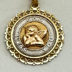 10KT Tri-Color Gold 7/8" Angel God Bless You Pendant with 18" Chain. NWOT